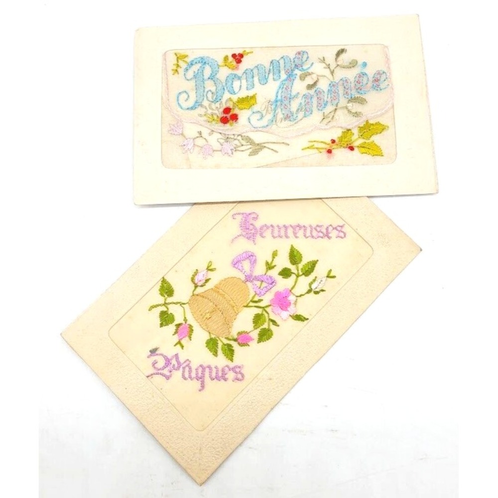 Antique 1915 WW1 French Embroidered Silk Postcards Lot New Year Easter Floral 3